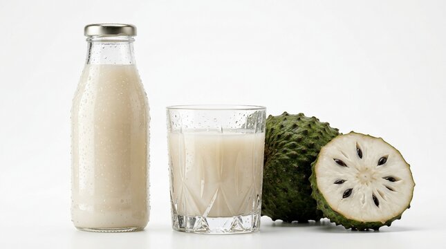 Creamy fruit drink and soursop fruit beverage with copy space