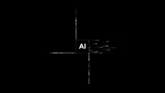 Artificial intelligence tech icon with glowing data streams moving on black background