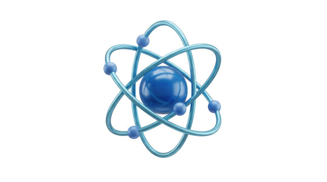 3D blue atom icon with nucleus and electron orbits isolated on white background