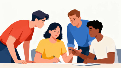 Fototapeta premium Four friends gather around a table, focused and engaged. One writes notes, others lean in with curious expressions. Collaboration, teamwork, and brainstorming feel alive here. Perfect for educational