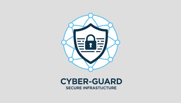 Cyber guard secure infrastructure network logo design with padlock shield emblem inside a futuristic digital grid globe.