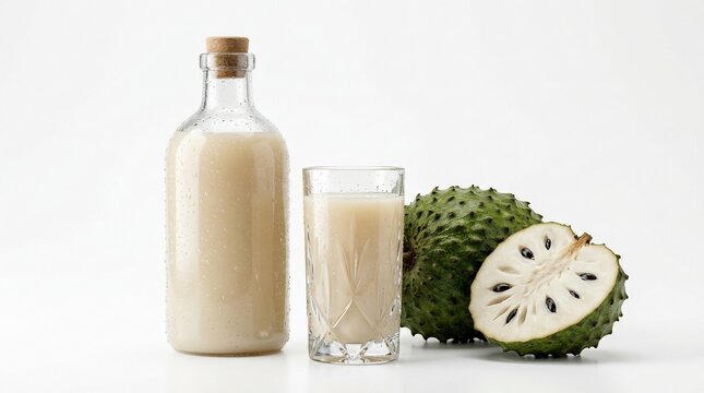 Fresh soursop fruit juice beverage in glass bottle and cup
