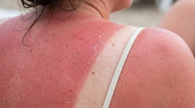 Severe sunburn with peeling skin and red erythema on woman shoulder and back
