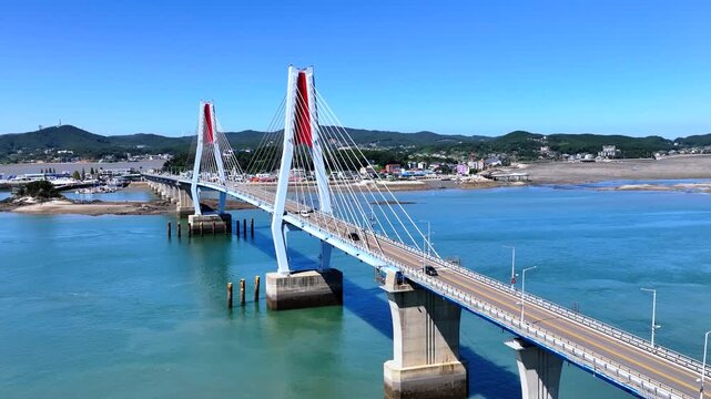  4K drone multi-angle shots of a sea bridge connecting islands