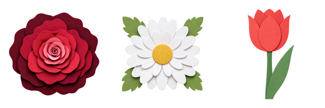 Handmade paper cut flower set red rose white daisy red tulip craft decoration isolated transparent background