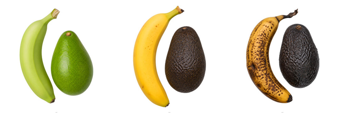 Three stage banana avocado ripening progression unripe ripe overripe fresh tropical fruit isolated transparent background