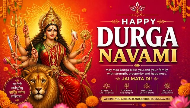 Durga navami festival greeting poster with goddess illustration festival greeting religion celebration