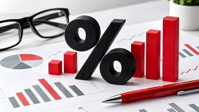 Black percentage sign with red rising bar charts on financial documents with glasses and pen representing inflation or interest rate growth.