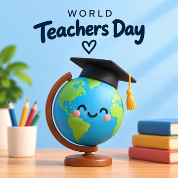 World teachers day globe wearing graduation cap with colorful books on desk and blue background