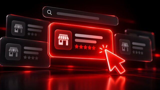 Online store rating and review concept. Red glowing neon storefront icon with five stars and computer mouse cursor clicking on a dark background.
