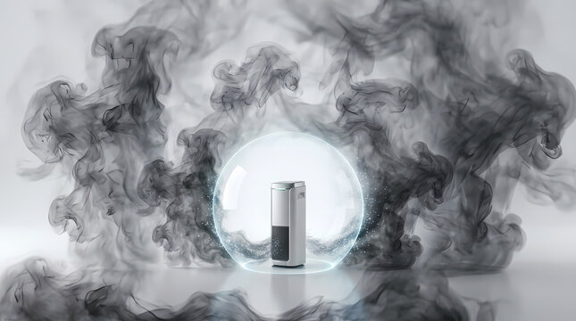 A silver cylindrical battery is encased in a luminous protective sphere, shielded from billowing dark smoke, symbolizing resilience and enduring power.