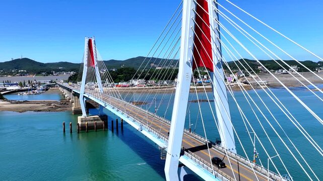  4K drone multi-angle shots of a sea bridge connecting islands