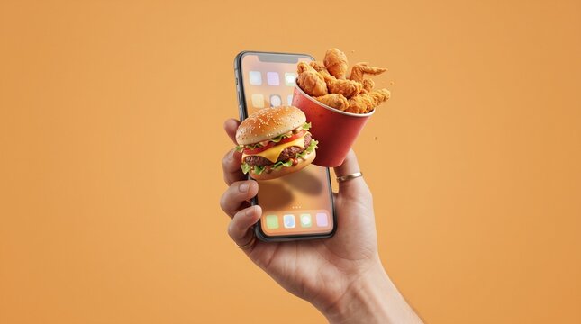Hand holding smartphone with fast food items including burger fried chicken and drink against orange background with phone screen visible meal order