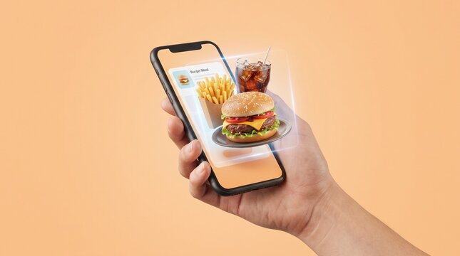 Hand holding smartphone with virtual food items with hand holds smartphone displaying virtual burger representing online food ordering digital menu