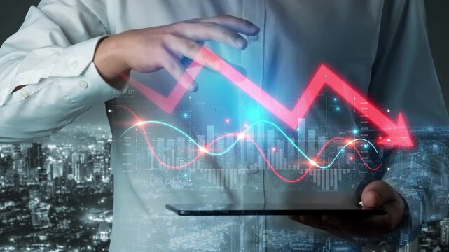 Economic caution visualized with fluctuating market graph, alert symbols, and negative data trends. Represents financial risk, market volatility, and economic uncertainty. Muxer