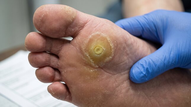 Doctor examining severe plantar callus and corn on sole of patient foot in medical clinic