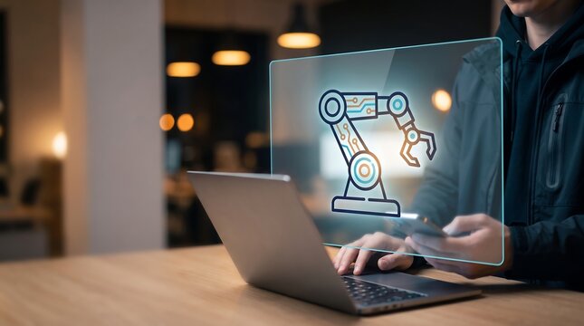 Person using laptop with futuristic transparent screen displaying robotic arm icon for industrial automation.