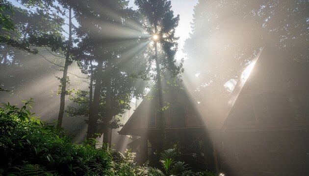 Ethereal sun rays shining through forest trees onto a wooden a-frame cabin in misty morning light