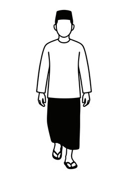 Illustration of a standing Muslim man wearing a sarong and a peci