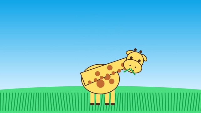 Cute cartoon giraffe animation eating green grass in a field with blue sky background.
