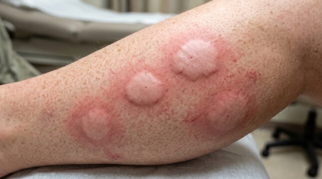 Multiple raised red allergic wheals and hives from insect bites on human leg