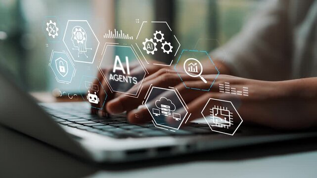 Futuristic Technology Concept with AI Agents and Digital Interfaces on Laptop Keyboard in Modern Workspace Environment. Entropy.