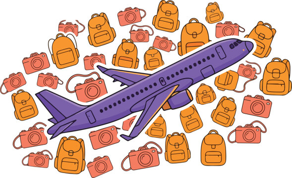 Purple Airplane Surrounded by Travel Backpacks and Cameras Illustrating Global Tourism and Vacation Planning Concepts