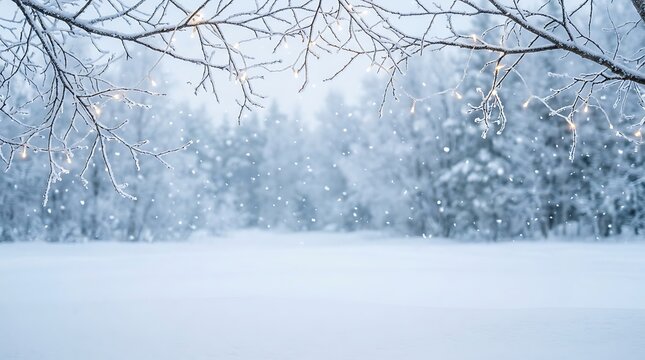 Beautiful blurred winter landscape background featuring snowy tree branches decorated with warm glowing fairy lights
