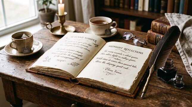 Open poetry book &mdash; an open book with handwritten poems, a pen nearby, elegant literary atmosphere.