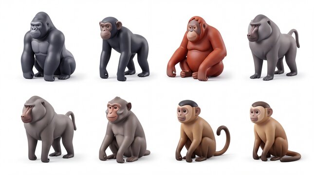 Collection of Toy Monkey Figures in Various Colors and Poses for Childrens Play and Educational Use
