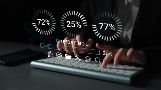 Futuristic Data Update Interface with Progress Bars and Hands Typing on a Keyboard in a Dark Environment. Entropy.