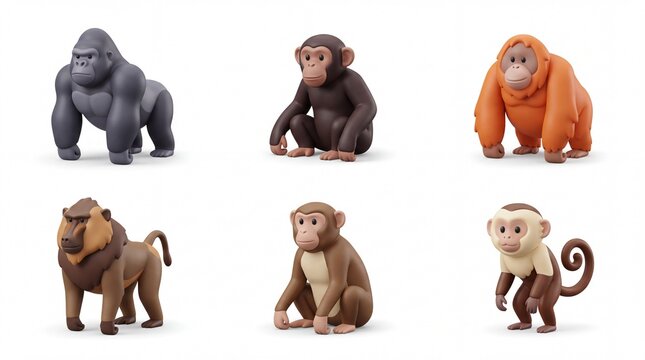 Collection of Six Colorful Cartoon Monkey Figures on White Background
