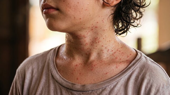 Red heat rash sudamina symptoms on sweaty neck skin of young person