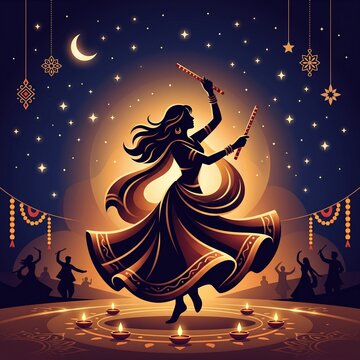 Silhouette of a woman dancing dandiya raas during navratri festival