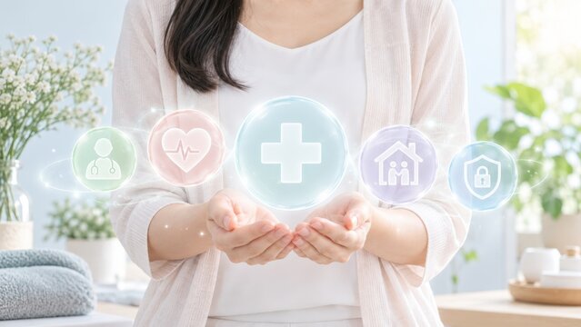 Woman holding healthcare protection concepts floating bubble icons for wellness security coverage and medical care services concept.