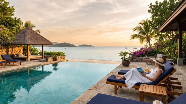 Female Guest Reading Book by Luxury Resort Pool with Scenic Sea View