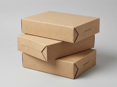 Stack of three brown cardboard boxes for shipping and delivery. blank cereal box