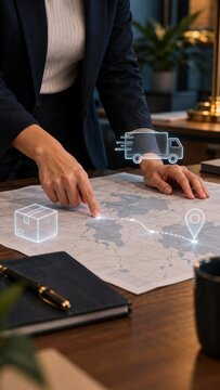 Business professional coordinating global logistics on map with digital delivery icons tracking international supply chain operations.