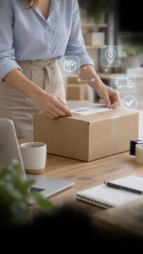 Woman packing cardboard box for shipment with logistics icons showing delivery tracking and supply chain management solutions.