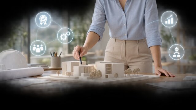 Professional architect examining scale model of modern building design project with digital interactive interface icons overlay.
