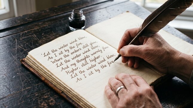 Poet writing a triolet &mdash; the writer's hand is jotting down a poem with a pen in an old notebook.