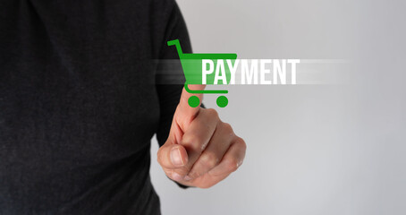Fototapeta premium Person indicating payment step in digital shopping environment