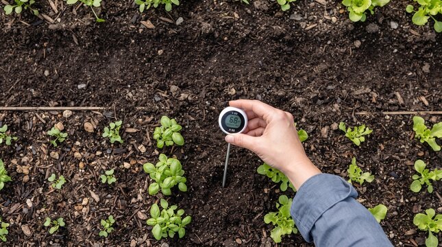 Hand Holding Soil Probe Device Showing pH and Moisture Levels