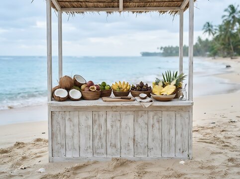 Fresh tropical fruit stall on a sandy beach with blue ocean water in a sunny summer tropical paradise. beachside fruit stand