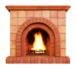 Fototapeta premium PNG Cozy brick fireplace with bright fire, isolated on white