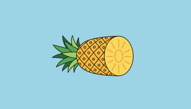 Vibrant flat vector illustration of a freshly cut pineapple laying on its side on a solid light blue background.