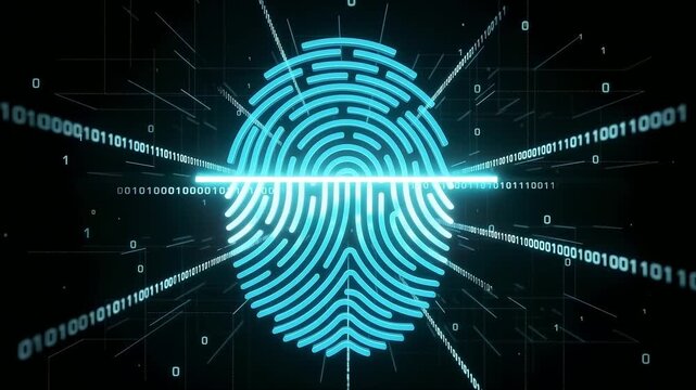 Futuristic biometric authentication digital fingerprint made of glowing cyan and white data particles with a scanning laser on a dark background for enterprise identity verification
