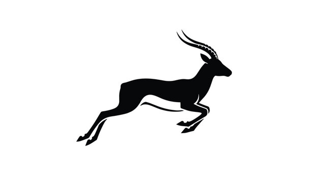 Elegant black silhouette of a graceful leaping gazelle with long curved horns isolated on a clean white background.