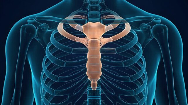 3D medical animation highlighting the human sternum and rib cage in a skeletal chest cavity scan