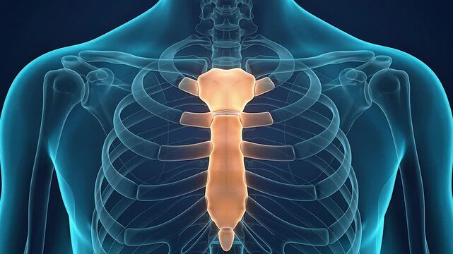 Anatomical 3D animation focusing on the human sternum bone highlighted within the chest cavity and rib cage.